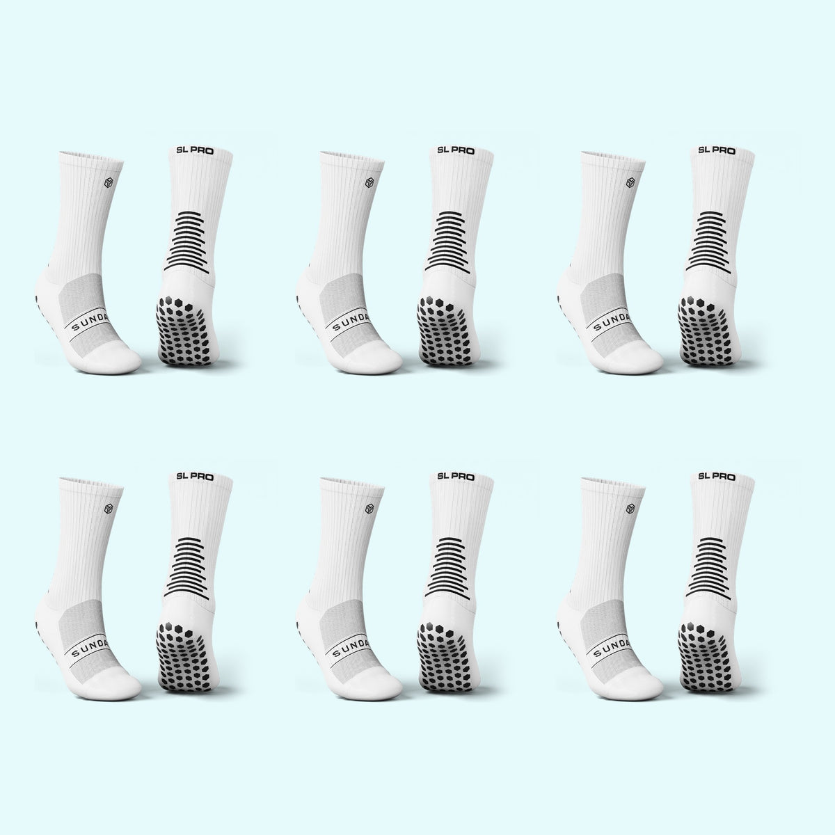 Six pairs of white SL PRO grip socks