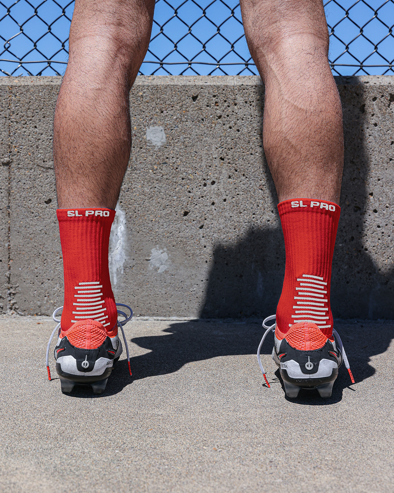 SL PRO Grip Socks Red Back View with Cleats