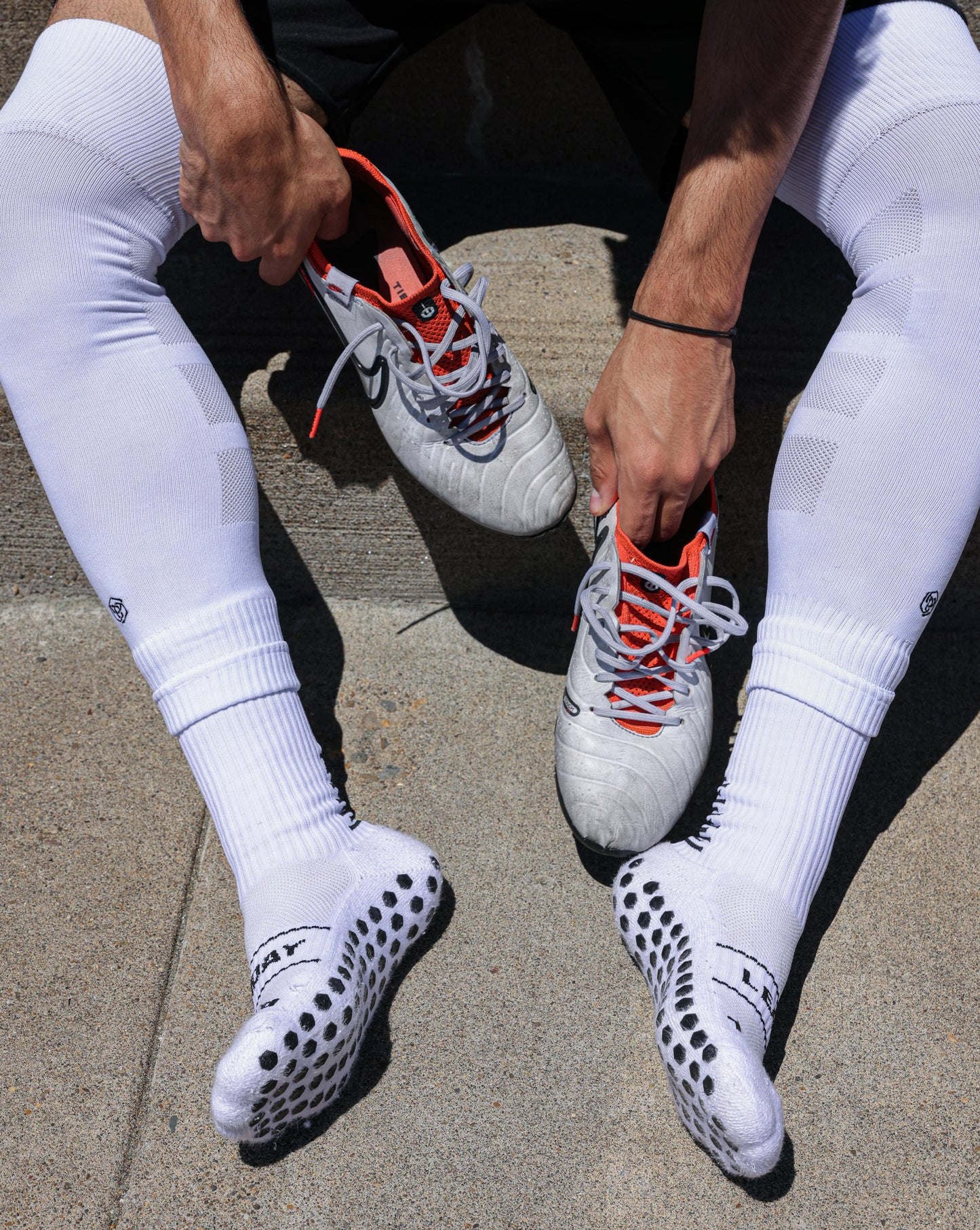 SL PRO Grip Socks White While Sitting Down