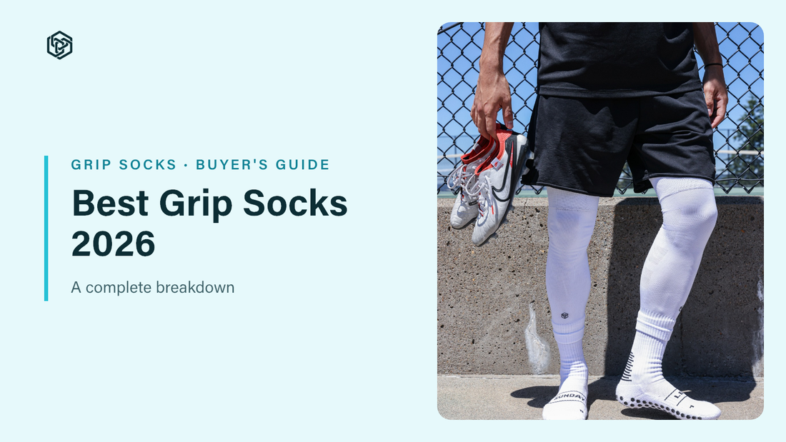 Best Grip Socks 2026 blog header: player holding cleats wearing white Sunday League grip socks