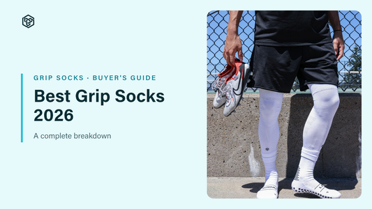 Best Grip Socks 2026 blog header: player holding cleats wearing white Sunday League grip socks
