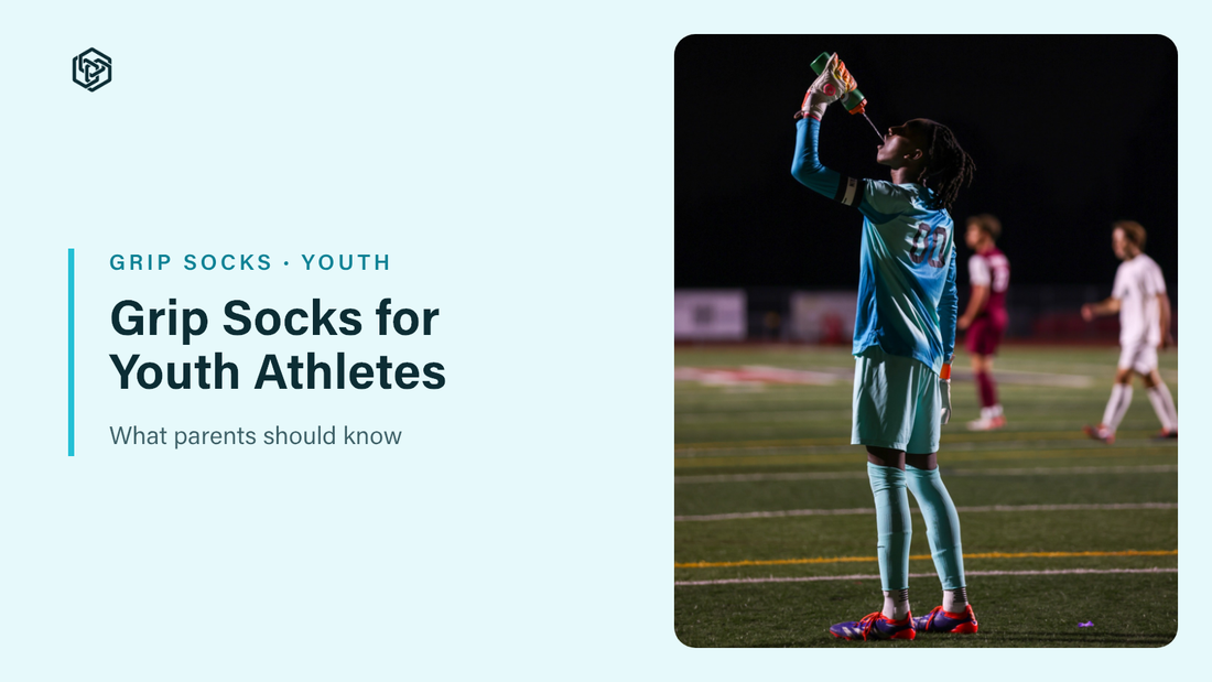 Grip Socks for Youth Athletes blog header: young goalkeeper taking a water break during a match