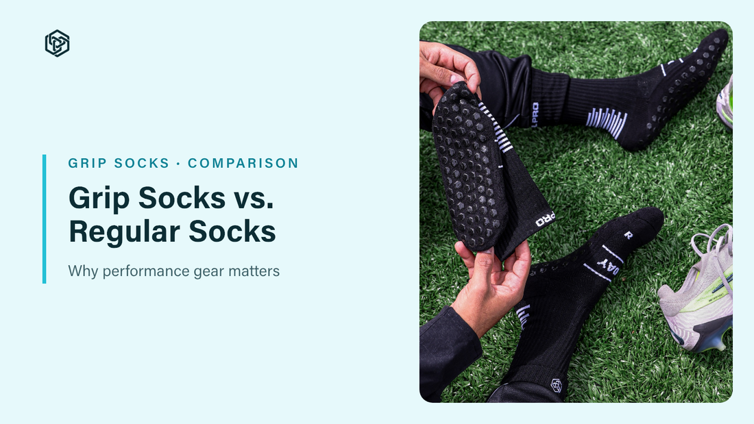 Grip Socks vs. Regular Socks blog header: hands comparing a grip sock with a regular sock over turf