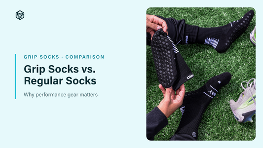 Grip Socks vs. Regular Socks blog header: hands comparing a grip sock with a regular sock over turf