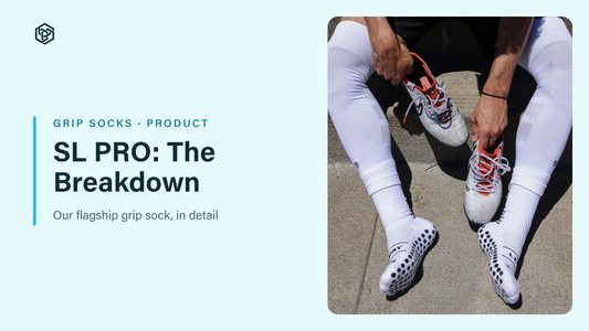 SL PRO: The Breakdown blog header: player tying cleats while wearing white SL PRO grip socks