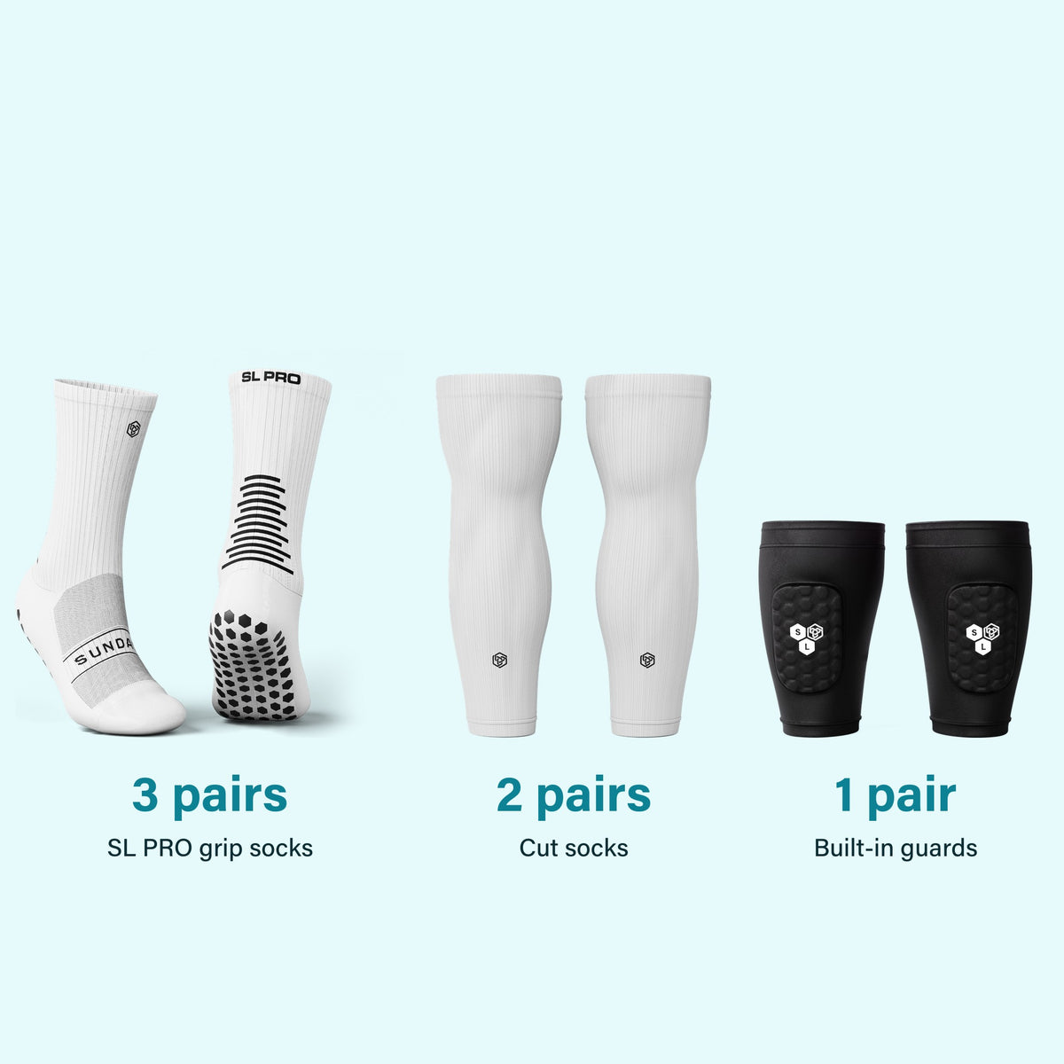 Full Kit: three pairs of SL PRO grip socks, two pairs of cut socks and one pair of built-in shin guards